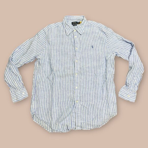 Ralph Lauren Linen Shirt Mens L Classic RL Untucked Fit Button Down Blue White - Picture 1 of 5